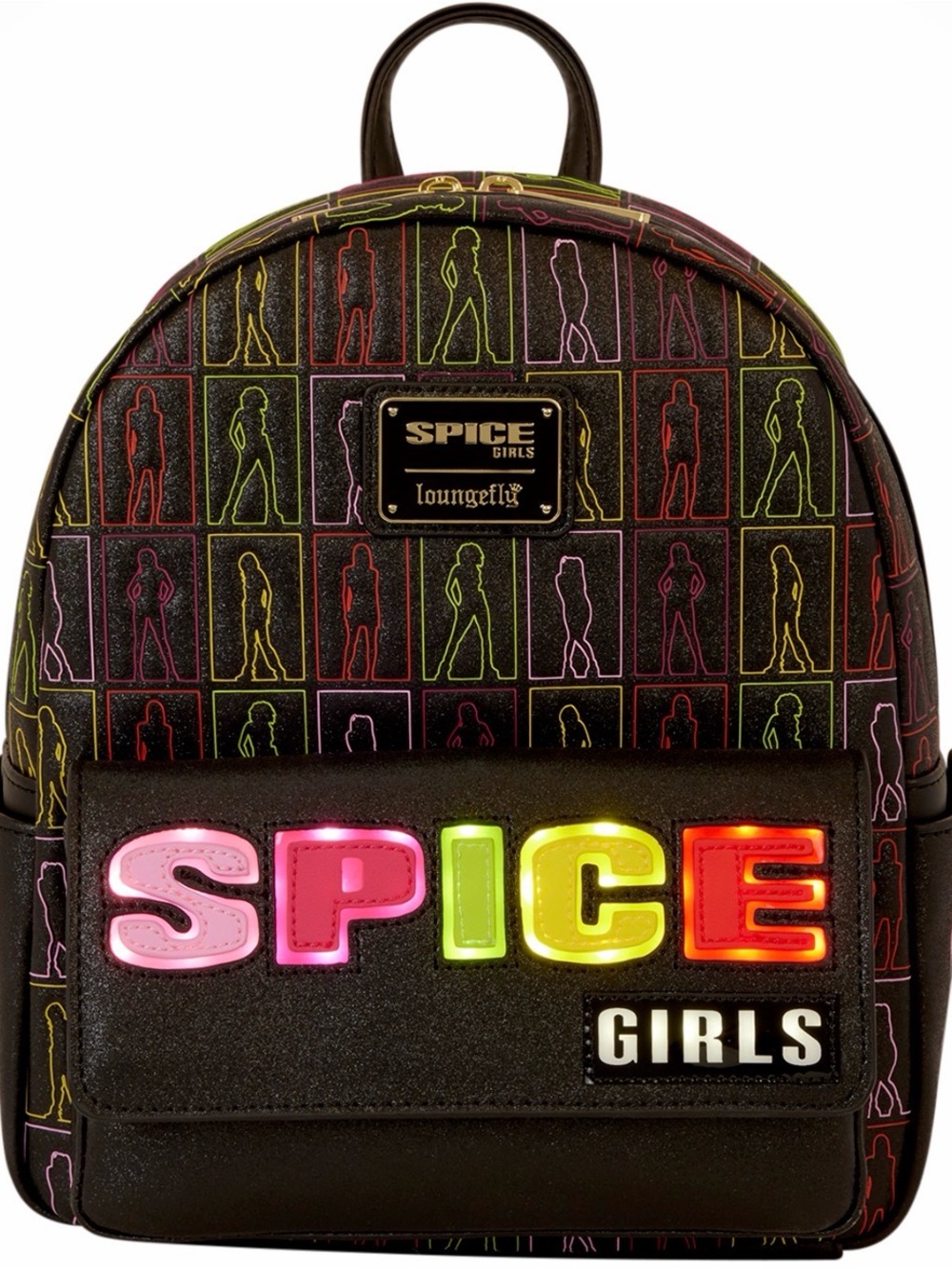 Loungefly Spice Girls Light Up Mini Backpack Zip, USB Cable, Black Multicolor